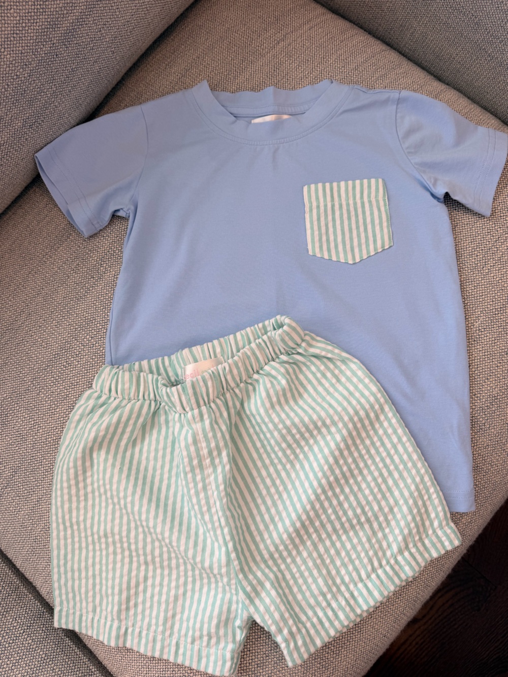 Cecil and Lou Light Blue Tee and Mint Striped Shorts Matching Set